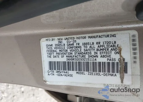 2003 Toyota Corolla Le z USA, uszkodzony, nr VIN 1NXBR32E93Z151114